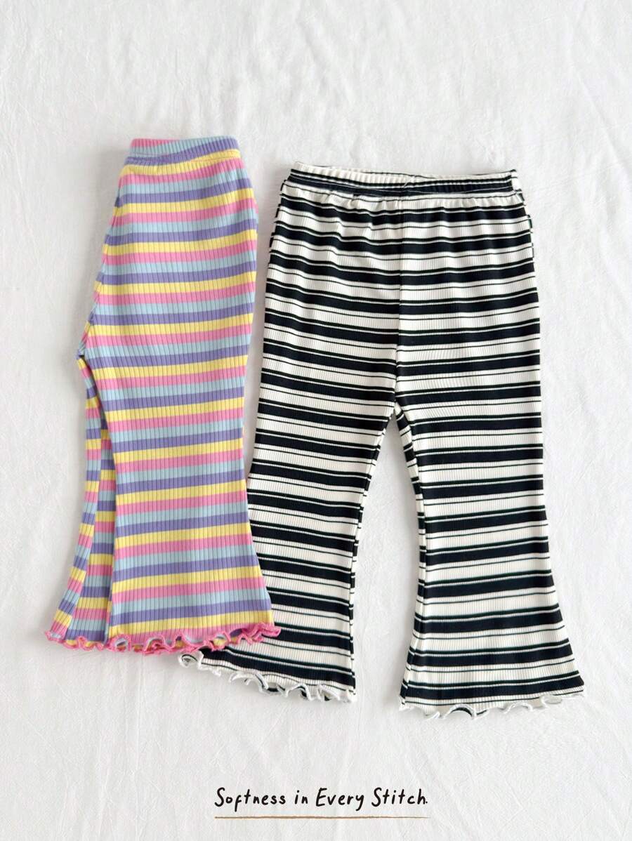 Cozy Pixies 2 pièces Ensemble de pantalons évasés à taille élastique à rayures colorées pour bébé fille, polyvalent et confortable