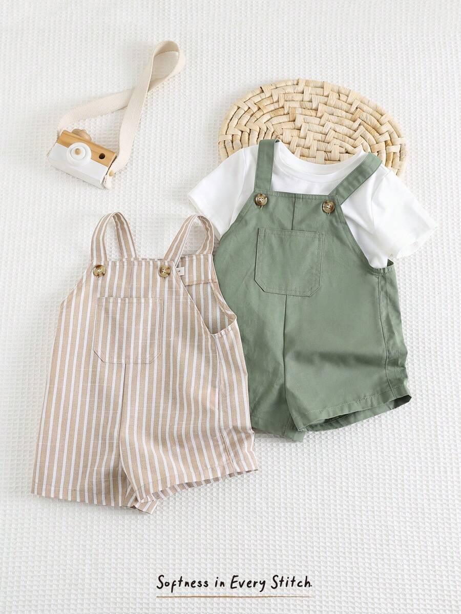 Cozy Pixies 2 Pieces Baby Boy Set: Striped & Solid Color Bib Overall Shortalls Baby Boy Overall Set Baby Boy Summer Outfit Summer Baby Outfits Newborn Summer Outfit Baby Boy Clothes Summer