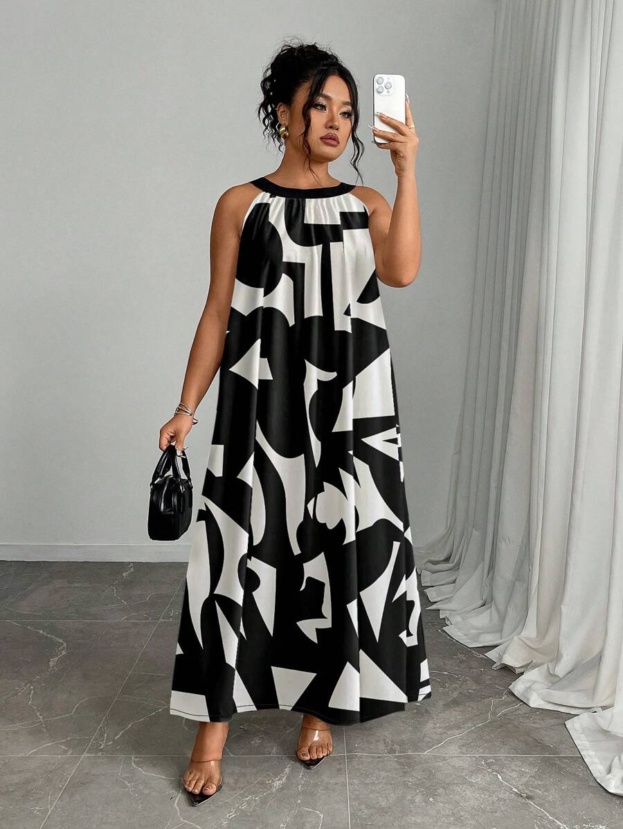SHEIN Vestido Halter com Estampa Floral e Cor Contrastante Plus Size Feminino