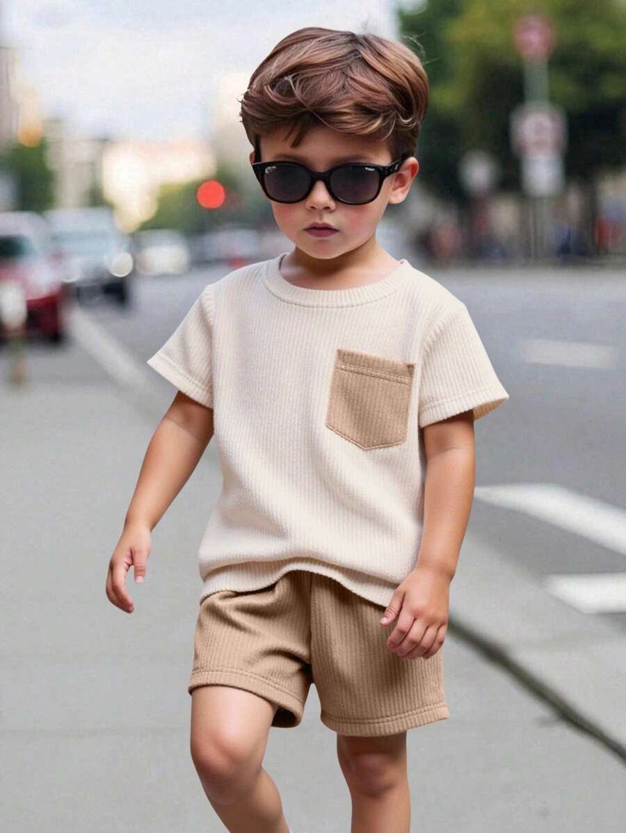 SHEIN 2 Stücke/Set Sommer Lässig Kontrast Farbe Tasche T-Shirt & Shorts für Kleine Jungen