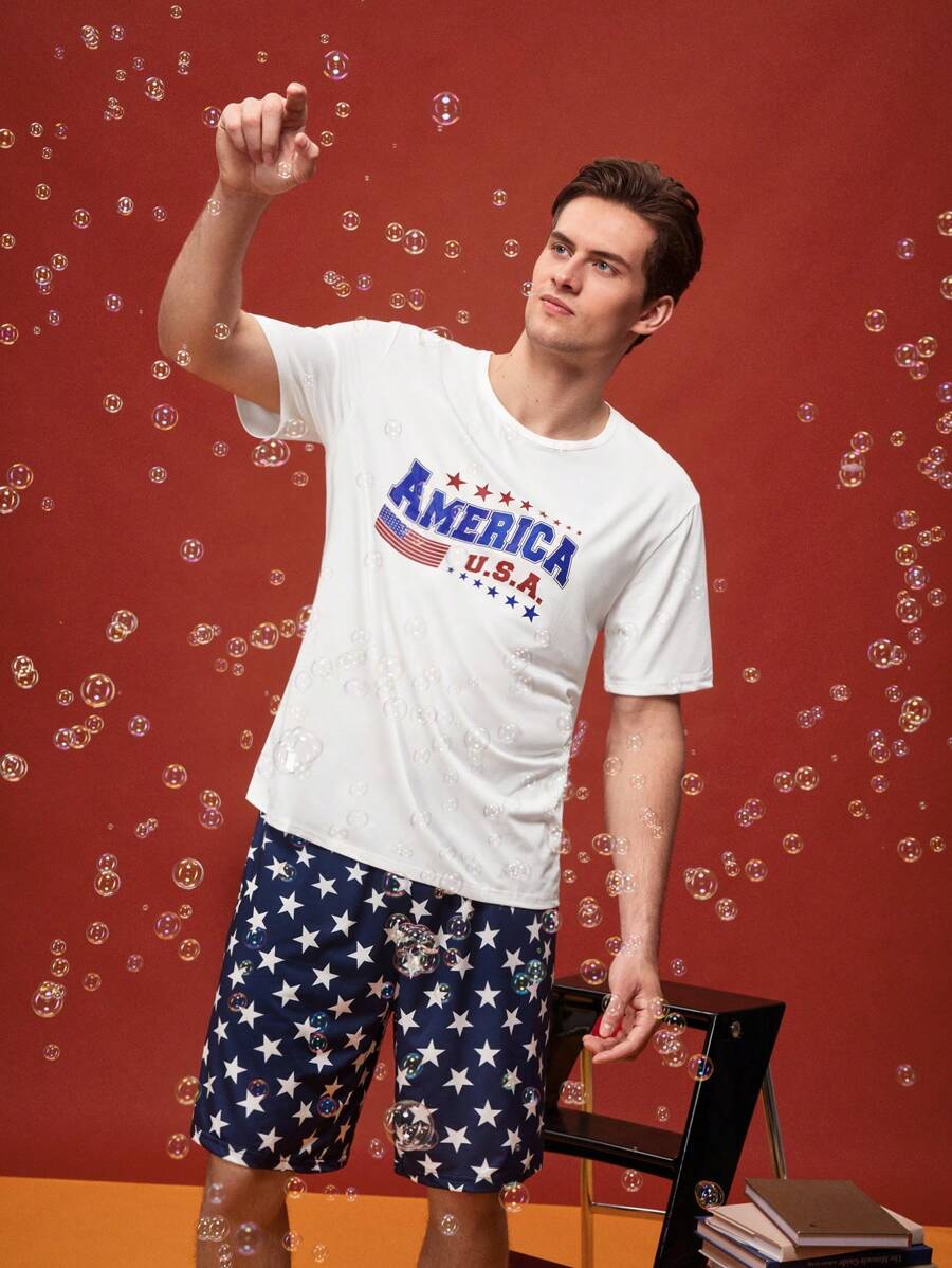 Conjunto de pijama cómodo con estampado divertido de dibujos animados de comida rápida americana como hamburguesaspapas fritas, pizza, perritos calientes para hombre, para el 4 de julio