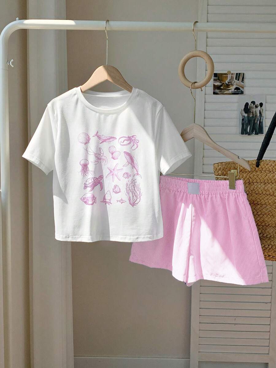 SHEIN EZwear 2pcs/Set Women Summer Casual Pink Print Short Sleeve T-Shirt & Striped Shorts