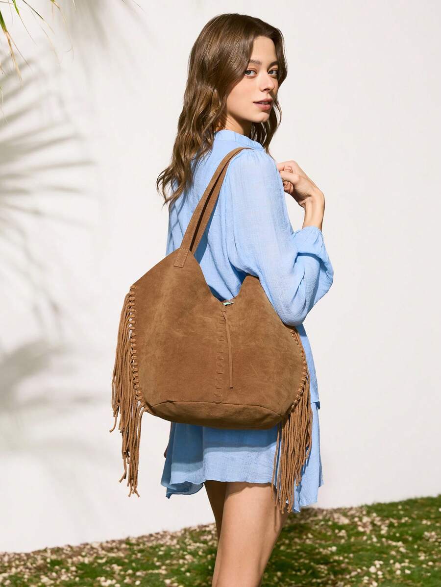 SHECARRY Women's Boho Suede Tote Bag With Tassel Trim - Rich Brown Large Capacity Shoulder Bag For Vacation, Travel & Daily Use, Stylish Spacious Chic Beach Bag