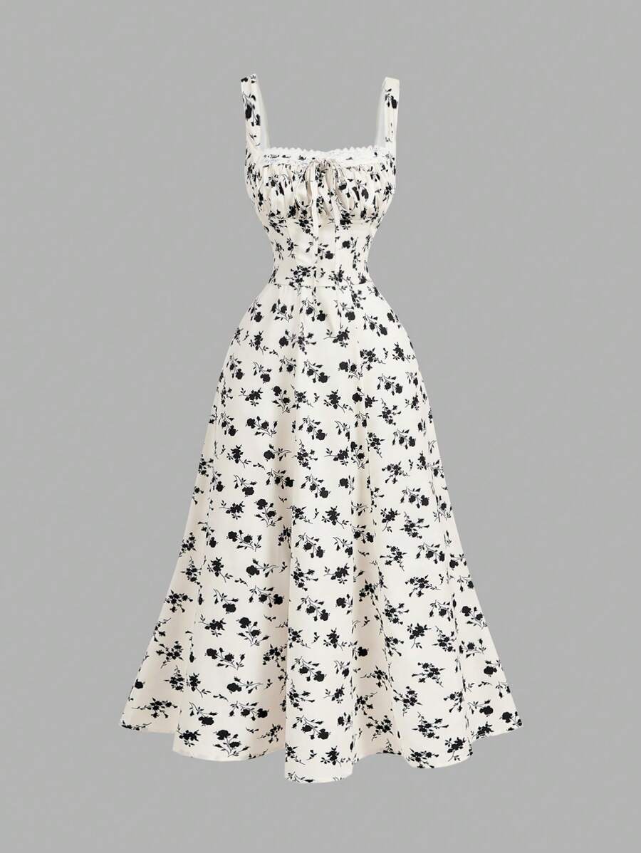 SHEIN MOD Square Neck Lace Front Panel Gathered Back Tie Floral Dress, Party Dress, Brunch Dress, Vacation Dress, Banquet Dress, Valentine's Day Dress, New Year's Dress,Beach Vacation Outfits