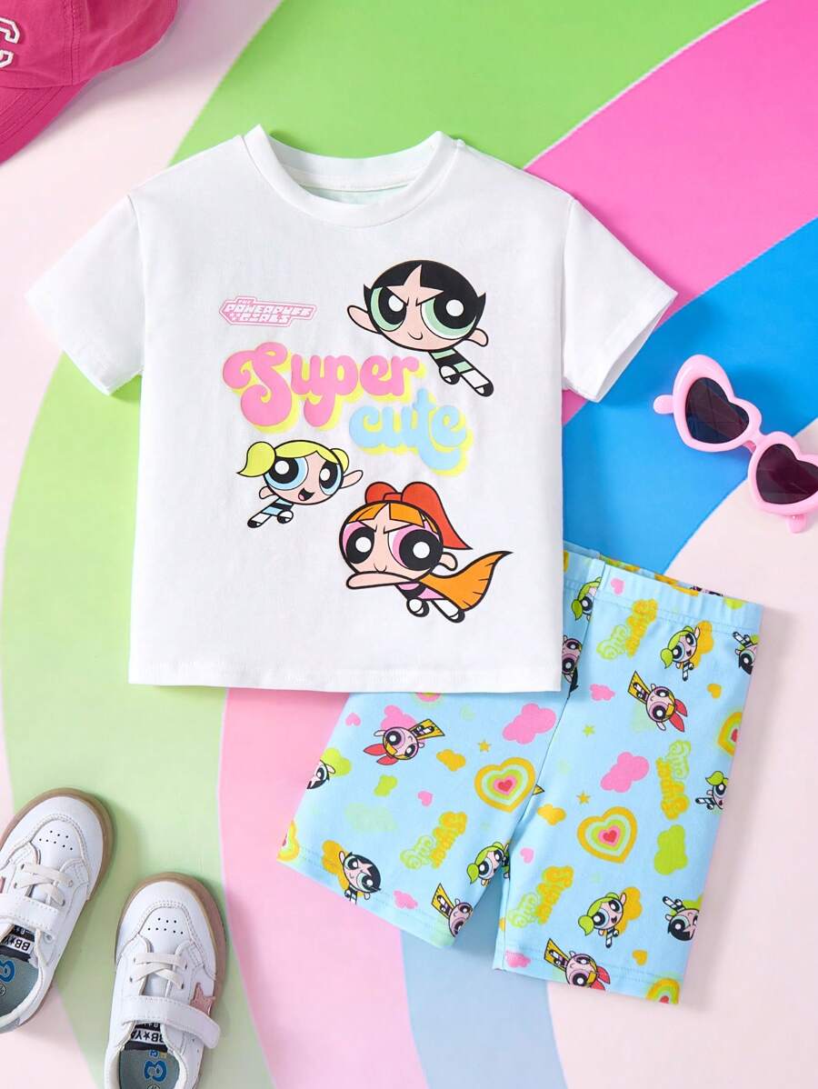 THE POWERPUFF GIRLS X SHEIN Set da ragazza di maglietta a maniche corte con stampa di lettere cartoni animati e pantaloncini corti, stile casual, per l'estate