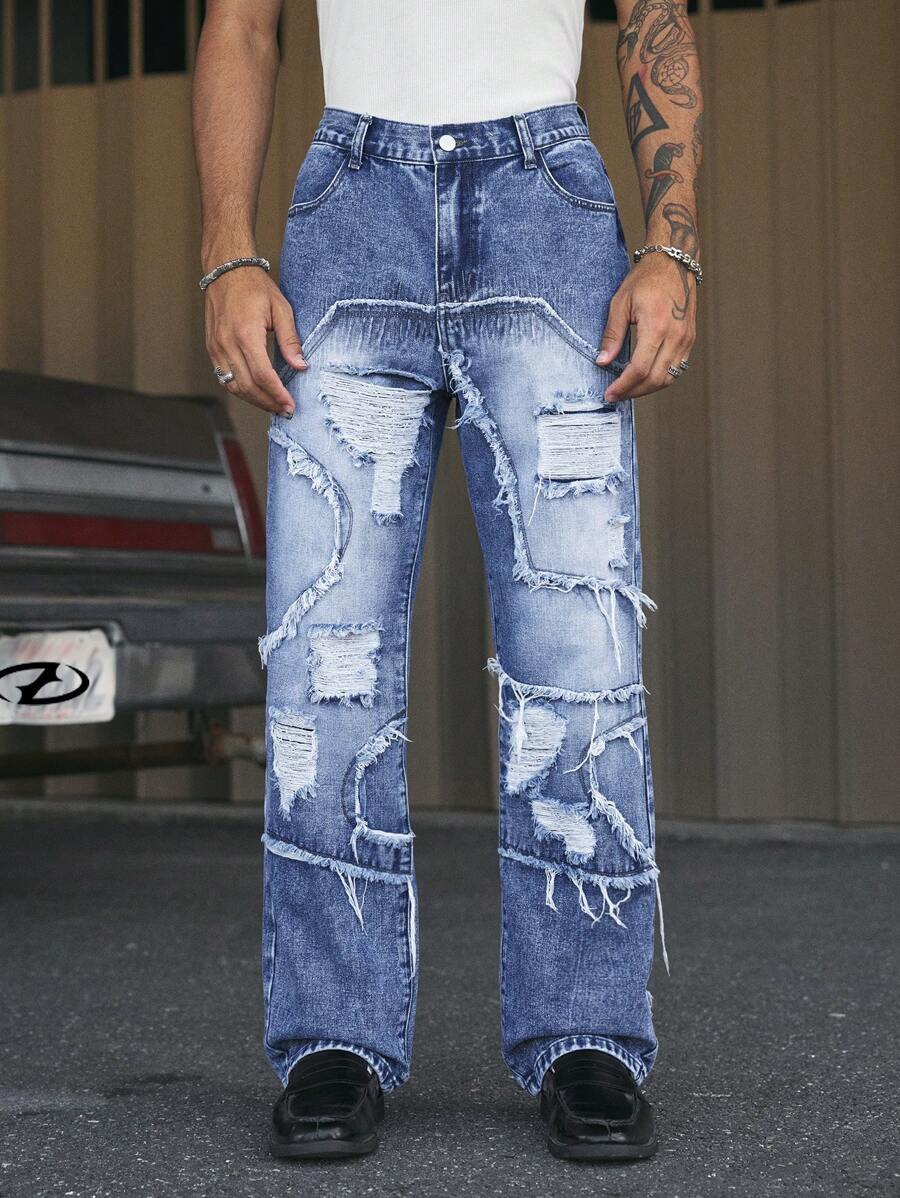 AXEPEAK Men's Casual Washed Distressed Straight Leg Jeans, Streetwear Style