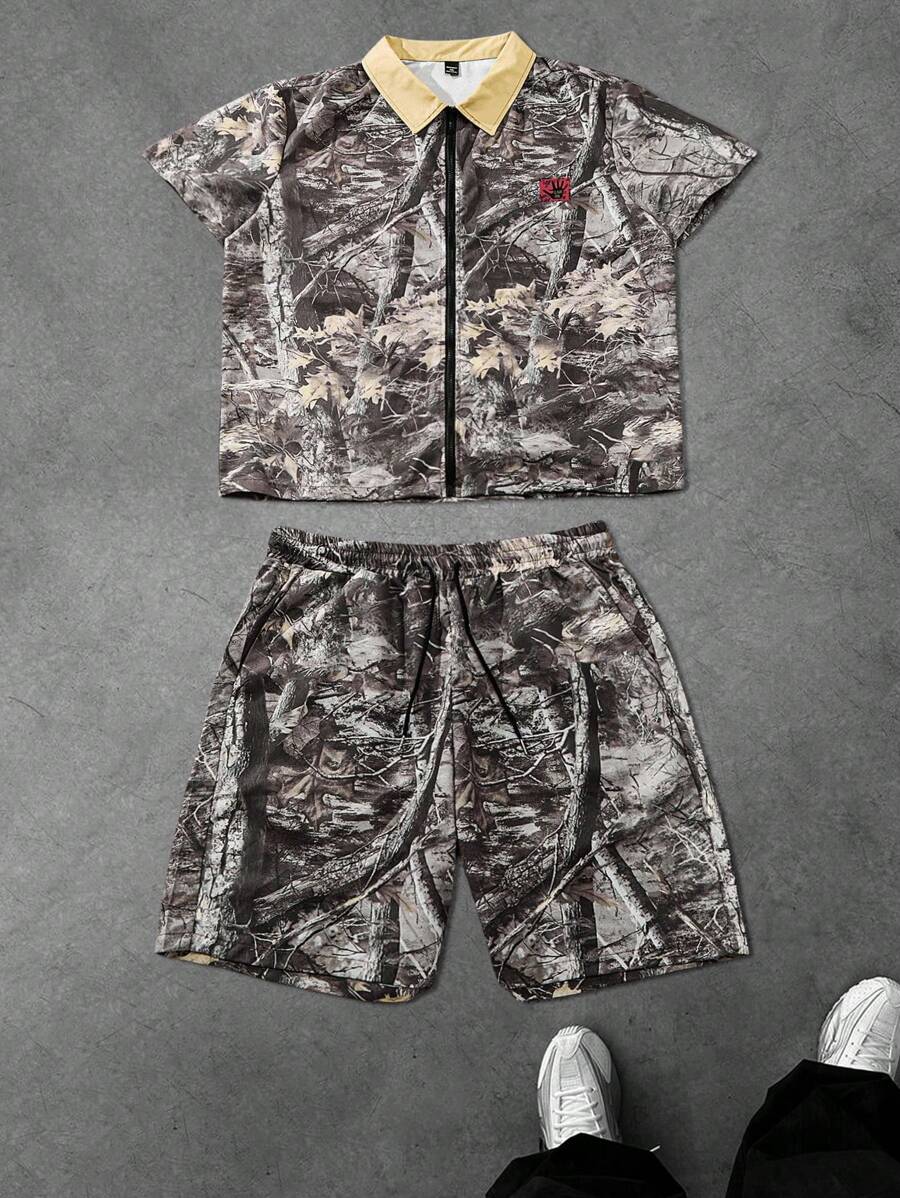 Manfinity LEGND Conjunto de camisa y pantalones cortos de camuflaje talla grande para hombre