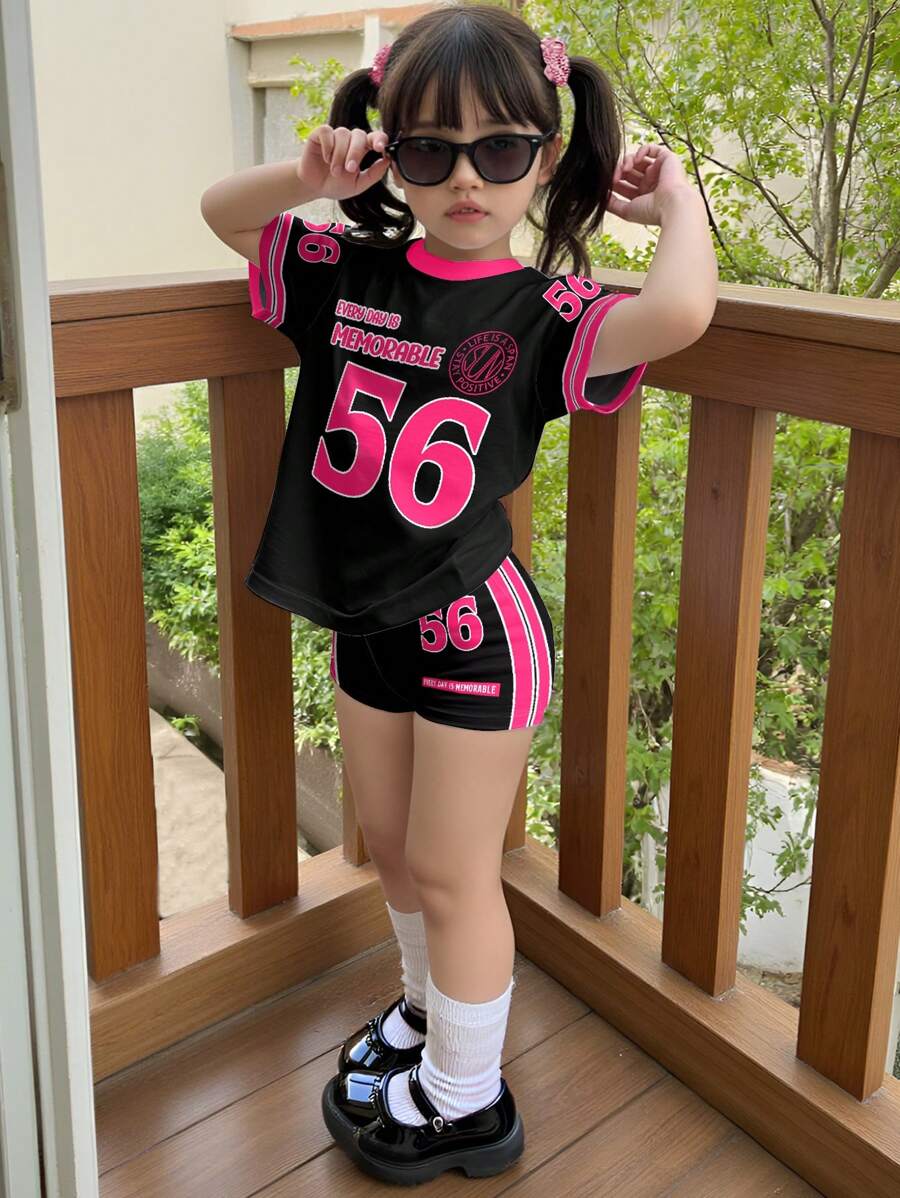 SHEIN 2pcs/Set Girls Casual Sports Style Outfit, Includes: 56 Graphic T-Shirt With "Every Day Is Memorable" Slogan Print And Contrast Color Block Sleeves, Matching Cycling Shorts, Suitable For Summer, Sports, Fitness, Shopping, And Social Activities