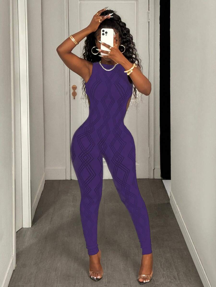 BamGleam Women's Solid Color Crew Neck Hollow Mesh Jumpsuit