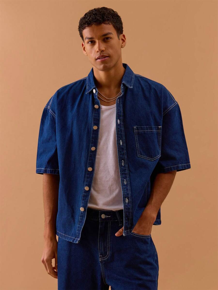 Musero Men Button Up Short Sleeve Oversized Denim Shirt Spring, Summer, Holiday, Vacation
