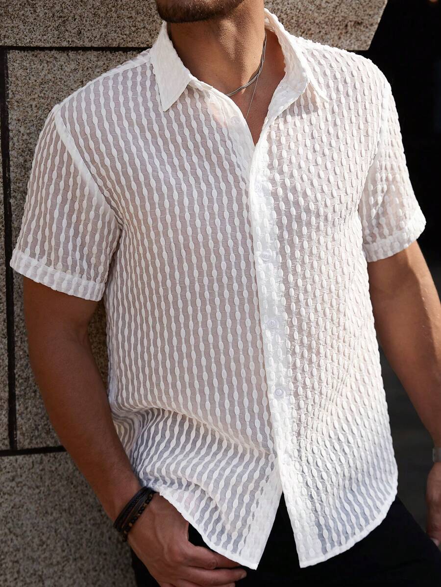 Manfinity RelaxMax Camisa casual de manga corta y un solo abotonadura de color liso para hombres, ideal para el verano