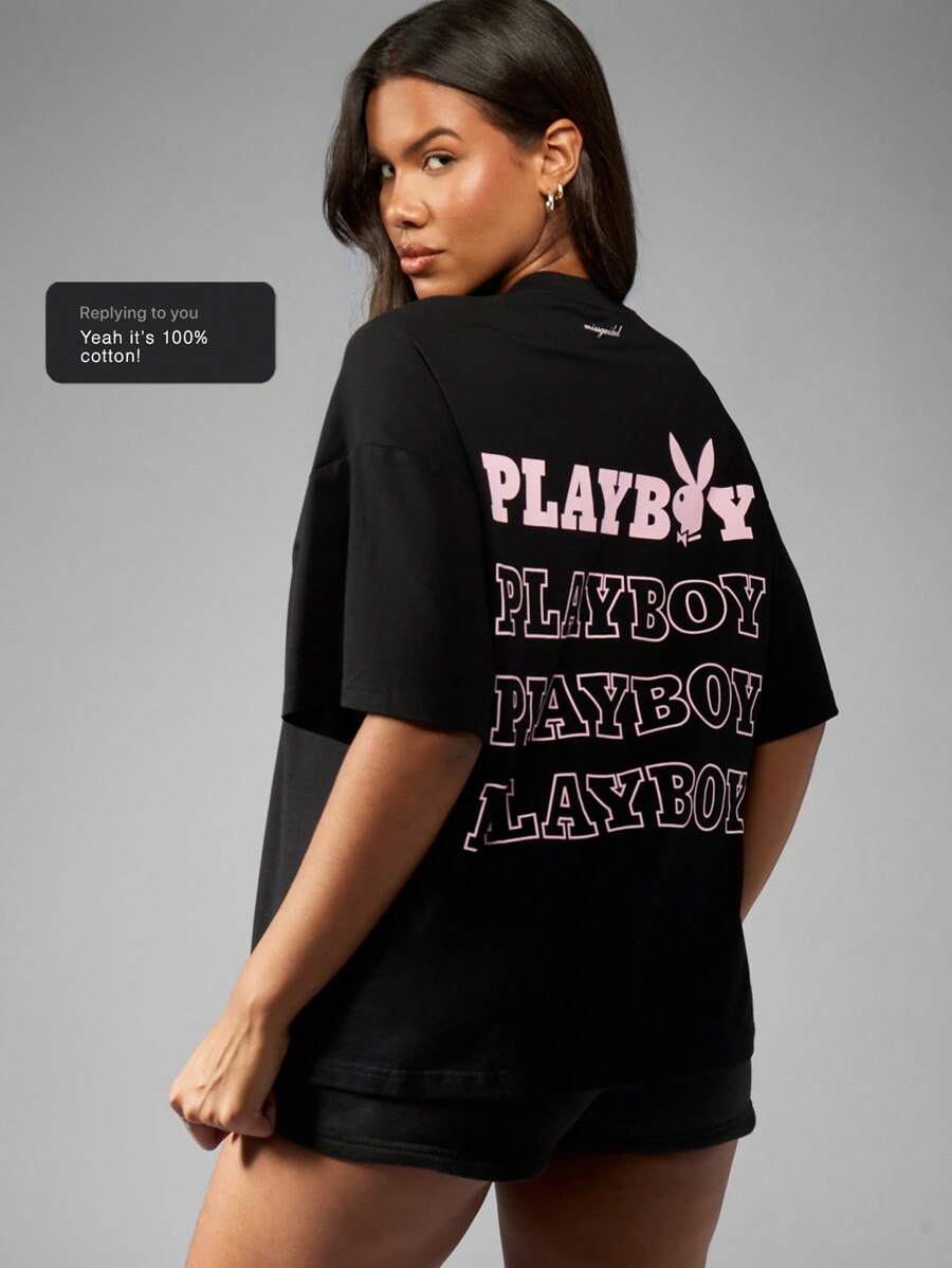 Missguided x Playboy Camiseta oversize para estar en casa, pijama, estampado gráfico, logo, ropa urbana casual de verano, ropa deportiva urbana, confort de fin de semana, moda Y2K
