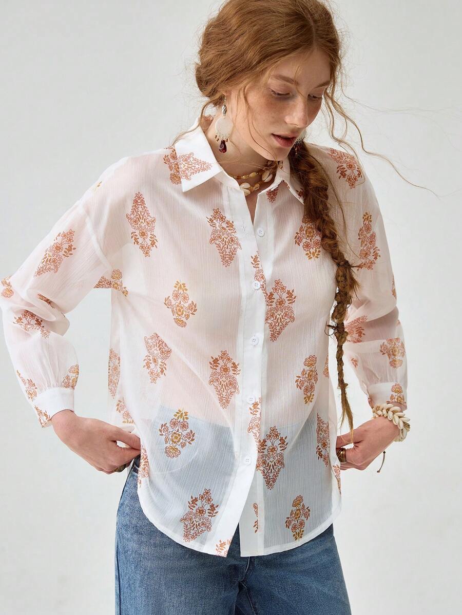 Florisole Women's Bohemian Style White Embroidered & Printed Casual Blouse For Summer Vacation