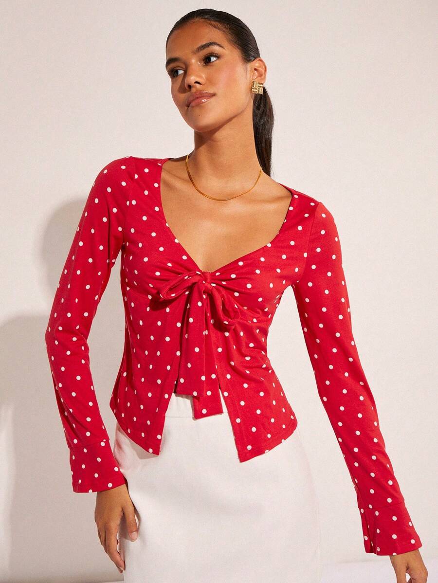 COSMINA Blusa donna a maniche lunghe con pois e nodo sulla parte anteriore