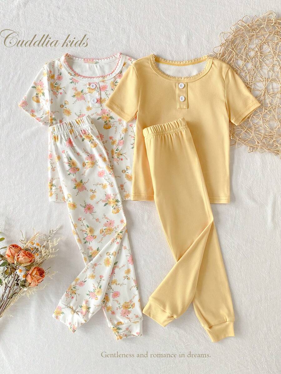 Set de 2 piezas para niñas pequeñas: Top de manga corta y ajustada, junto con pantalones estampados con flores, para un look casual y lindo para estar en casa