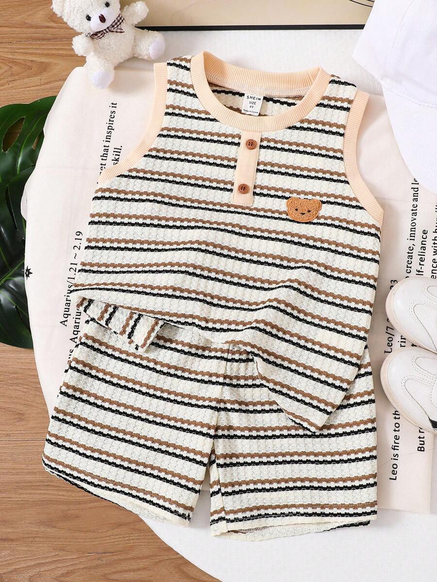 Set de 2 piezas con chaleco y pantalones cortos estampados con rayas y dibujos animados para niños en verano