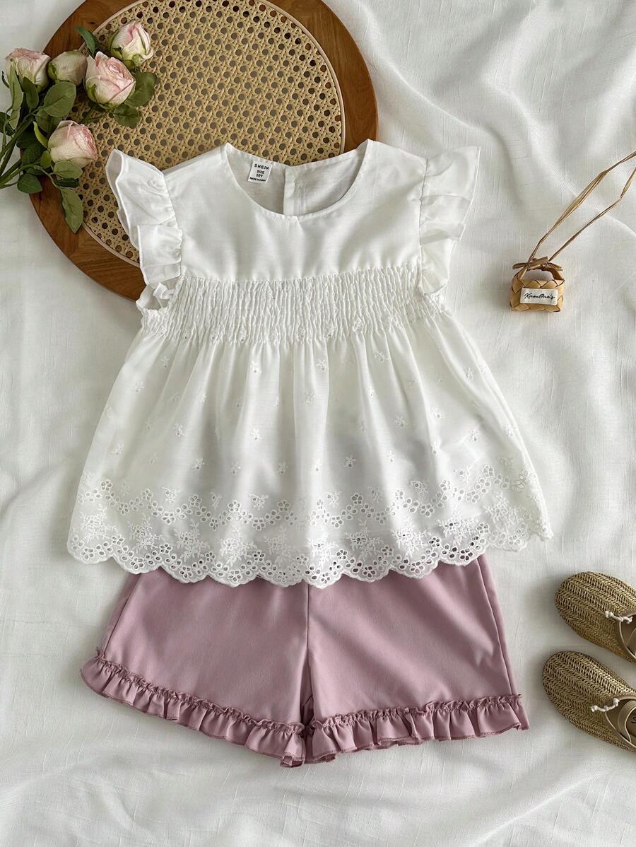 SHEIN Vintaside Kids Modisches Mädchen Sommer Set mit rundem Kragen weißem Ärmellos-Top und passendem minimalistischen rosa Shorts