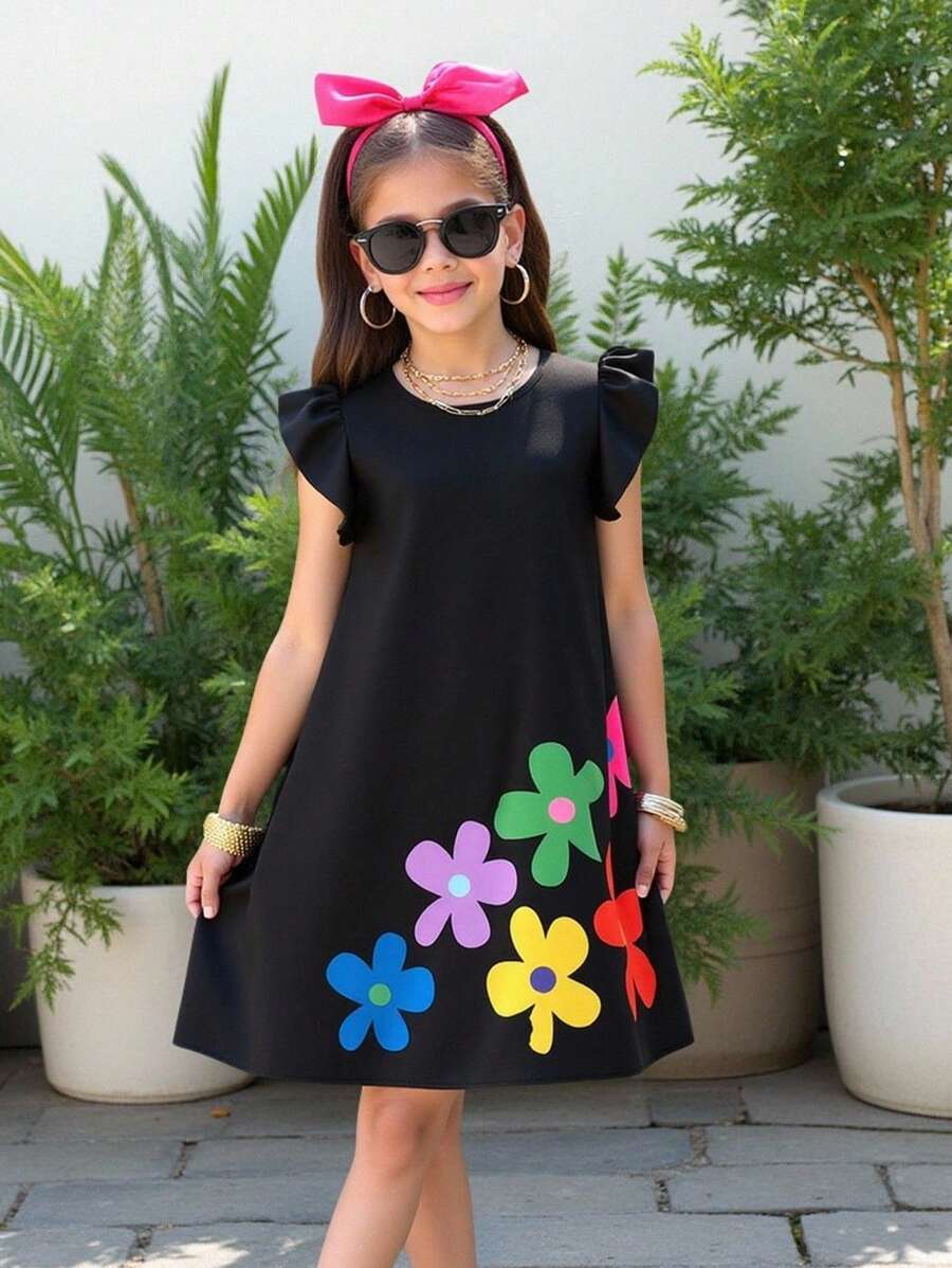 Abito da ragazza con balze, scollo rotondo e motivo tropicale floreale, adatto per vacanze al mare e outfit coordinati mamma-figlia