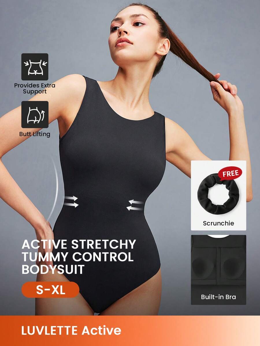 LUVLETTE Damen einfarbiger einfacher Tank Bodystyler Bodysuit Schwarz, Sportbodysuit Schwarz, aktiver Gym Bodysuit