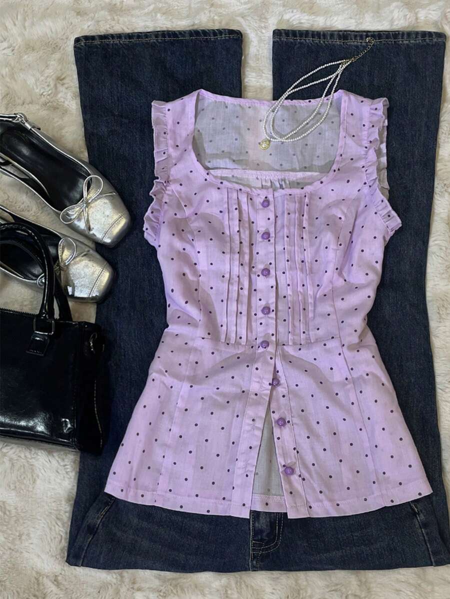 INAWLY Women's Polka Dot Print Casual Frill Trim Sleeveless Button Down Shirt, Summer