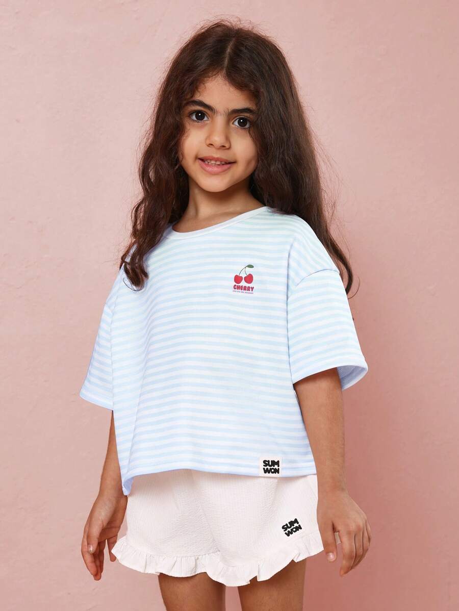 SUMWON Camiseta corta de verano casual de rayas, de manga corta, con bordado de cerezas, para niñas