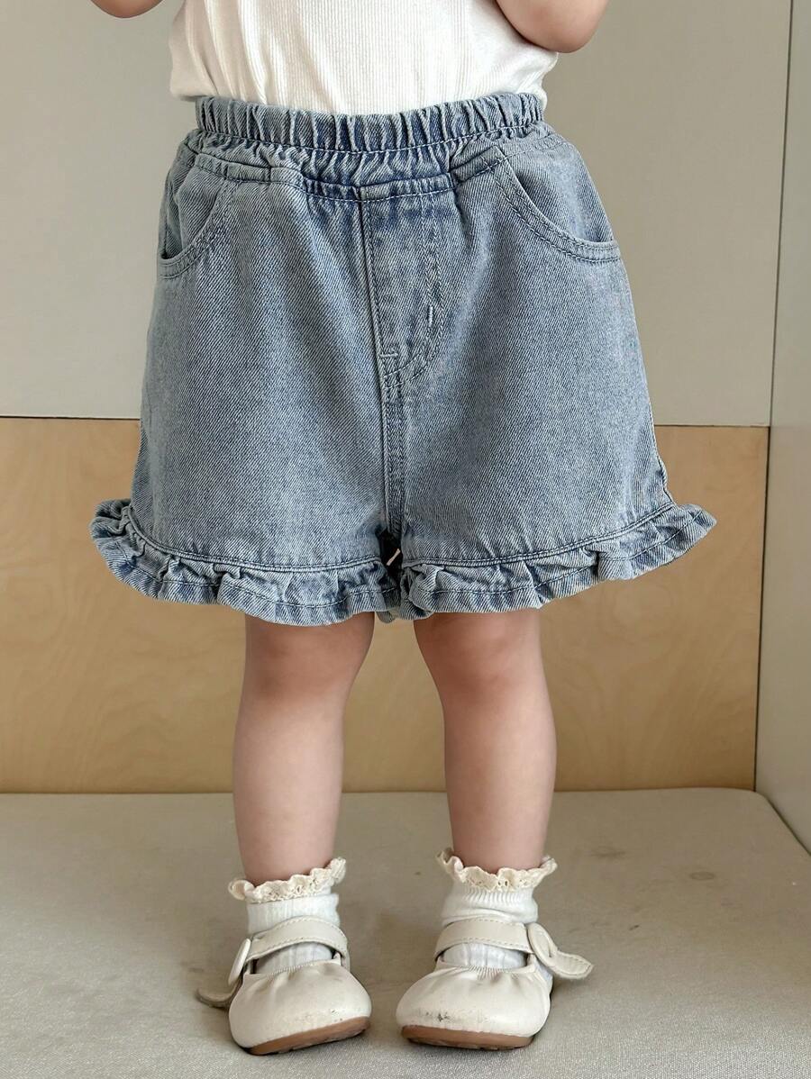 Dazy Kids Baby Girl Washed Casual Ruffle Trim Light Color Denim Shorts, Summer