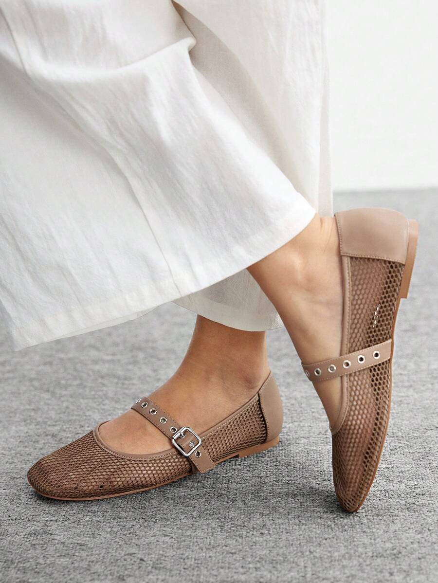 CUCCOO BIZCHIC Women's Brown Grid & PU Mixed Color Patchwork Square Toe 1cm Chunky Heel Casual Flats