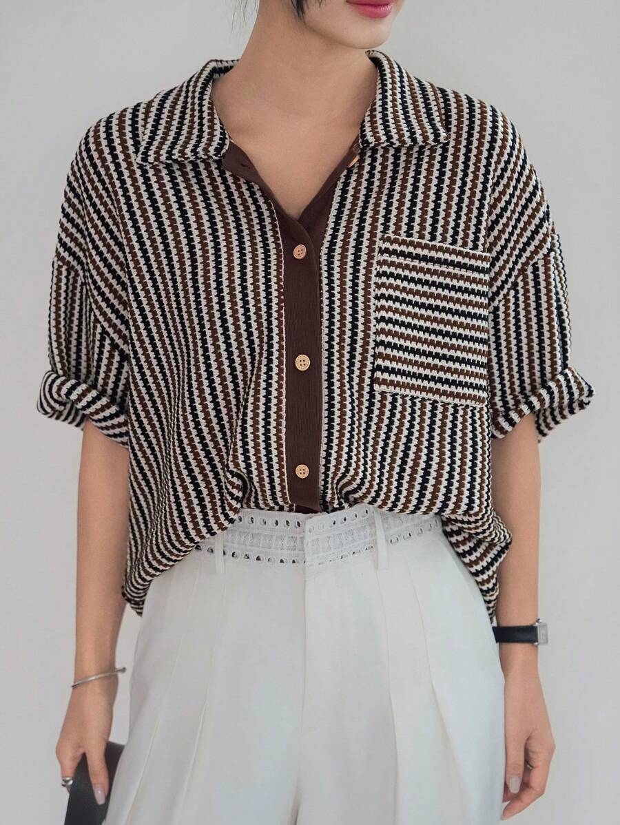 Dazy-Less Cárdigan de punto de estilo casual empresarial de mujer con bloqueo de color, a cuadros y rayas, de manga corta, para el verano