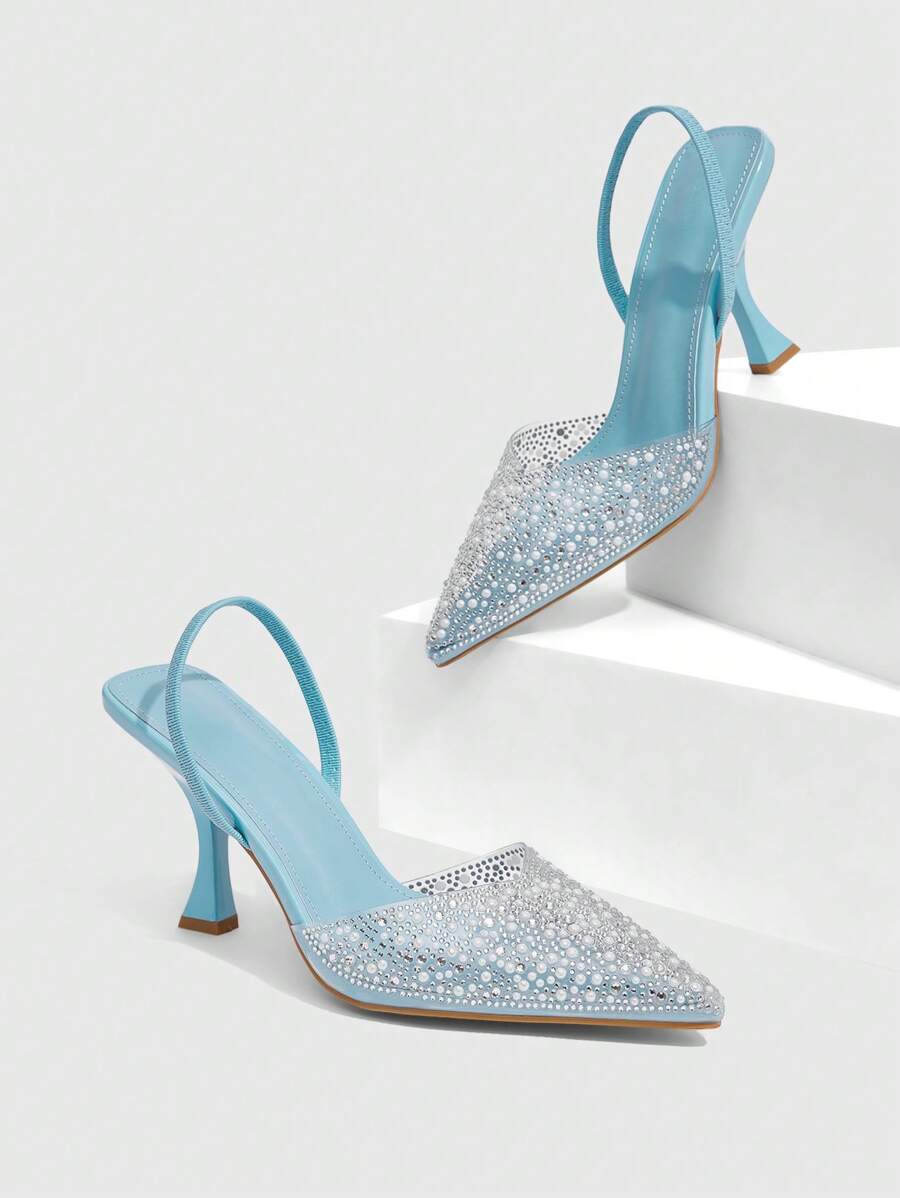 SHEIN X Belle Mariano CUCCOO SZL Zapatos de tacón alto con decoración de strass de color champán, adecuados para citas, fiestas y bodas