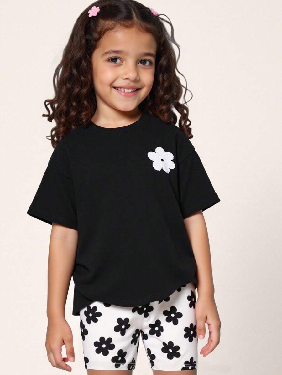 Cozy Pixies 2pcs/Set Young Girl Floral Print Knit Soft Crewneck Short Sleeve Top And Elastic Waist Shorts Set