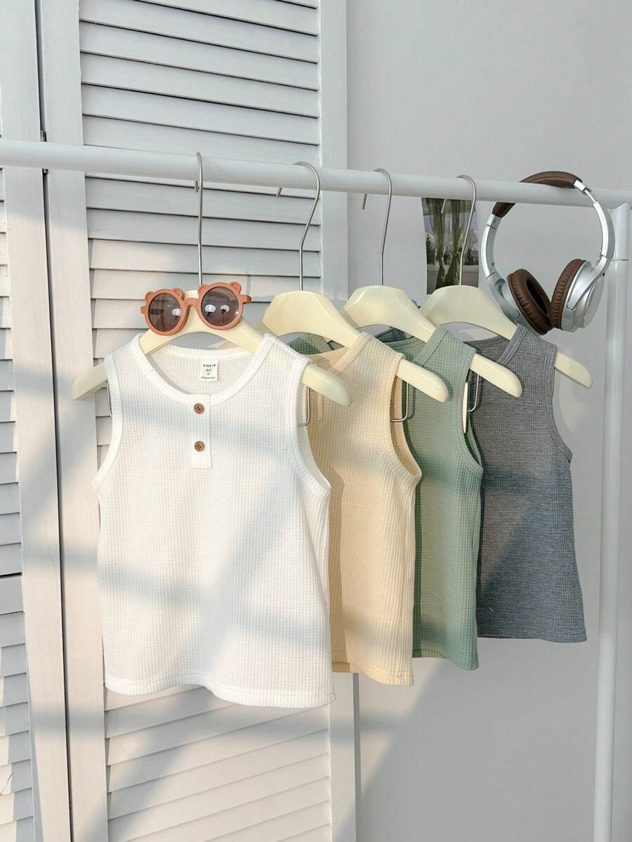 Set de 4 piezas para niños pequeños con top y camisa sin mangas con botones delanteros decorativos y de unicolor cómodo y versátil