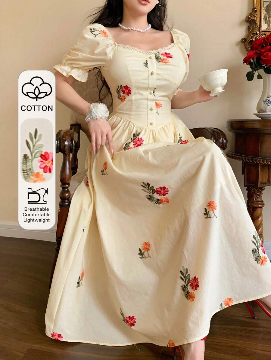 DAZY Elegante vestito lungo da donna con ricamo floreale in vita