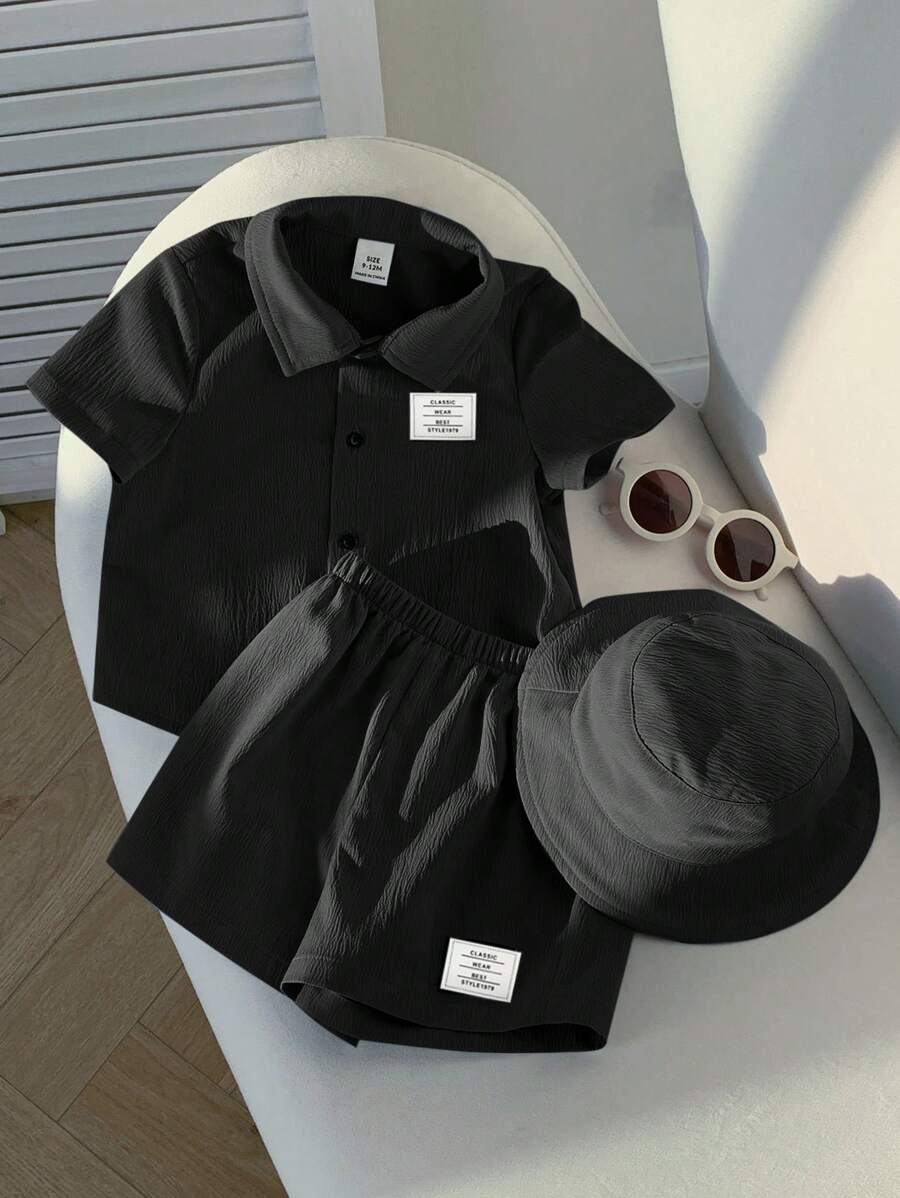 SHEIN 3 pièces/Set Top de cardigan à col brodé à manches courtes pour bébé garçon, shorts à taille élastique et chapeau