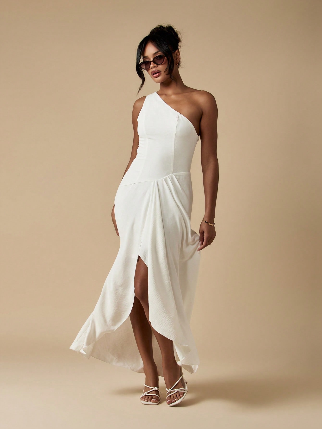 MISSGUIDED ワンショルダー ルーシュ ドレープ ミダクシ ロング