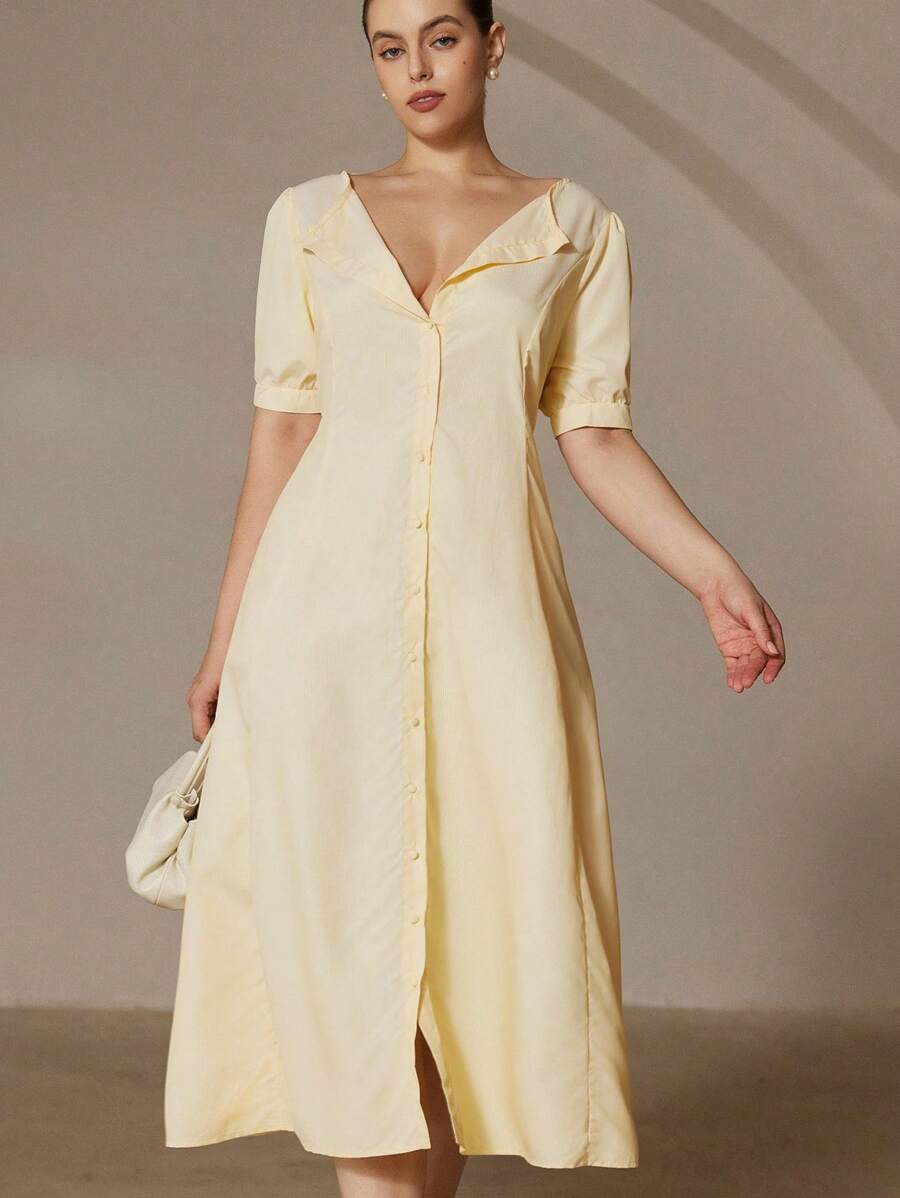 Aveloria Rosie V-Neck Vintage Style Sexy Small Collar Puff Sleeve Short Striped Waist Pleat Yellow Plus Size Extra Long Women Dress