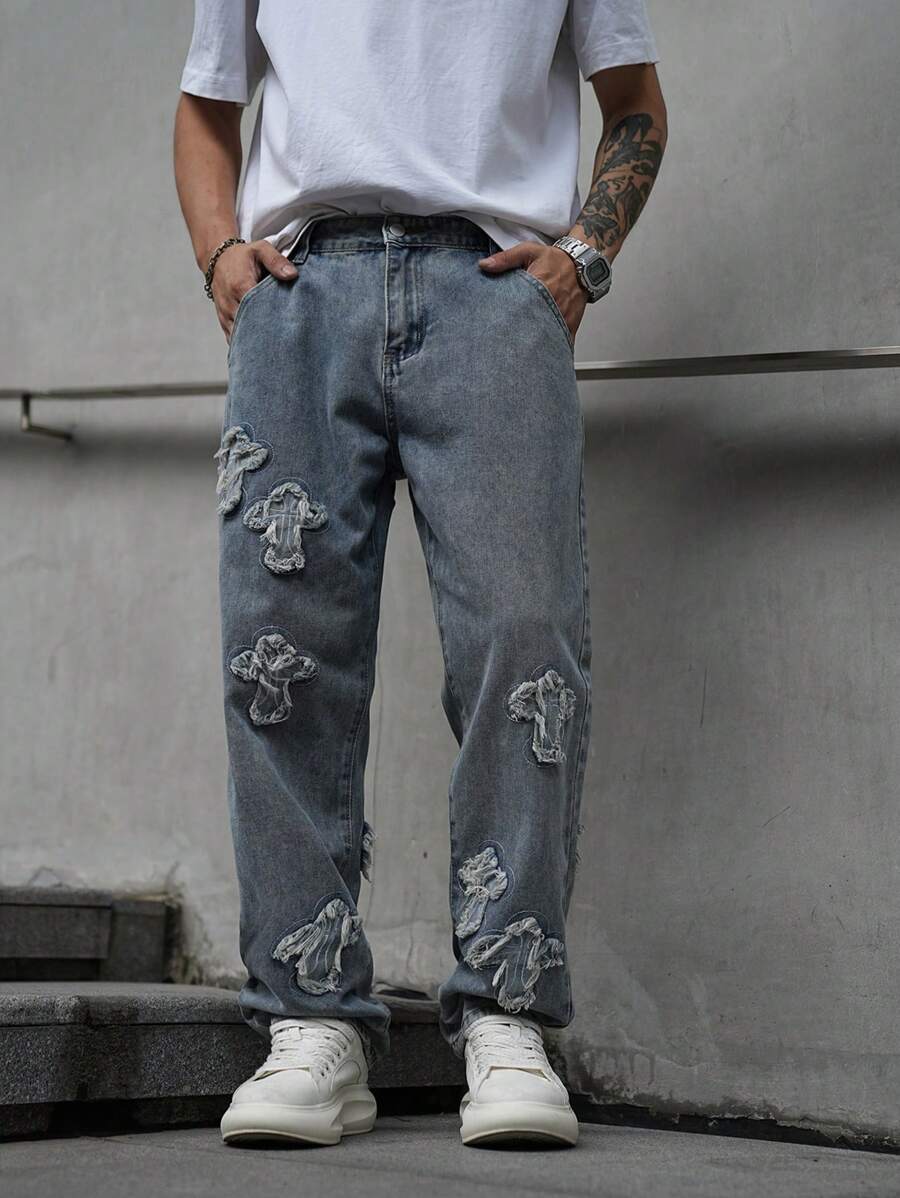 Manfinity Hypemode Men's Casual Washed Cross Patch Denim Jeans, Ripped Baggy Jeans Men, Loose Jeans Pants For Men, Manfinity Legnd Men Cotton Splash Ink Ripped Jeans