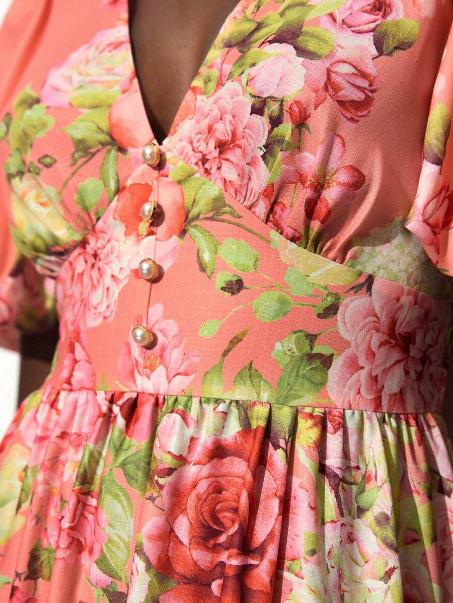 Maija Vestito estivo casual da spiaggia in cotone multicolore con ricamo a peonia, scollo a V, maniche a palloncino, vita svasata midi, stile bohémien romantico per vacanze, Isola di Ibiza
