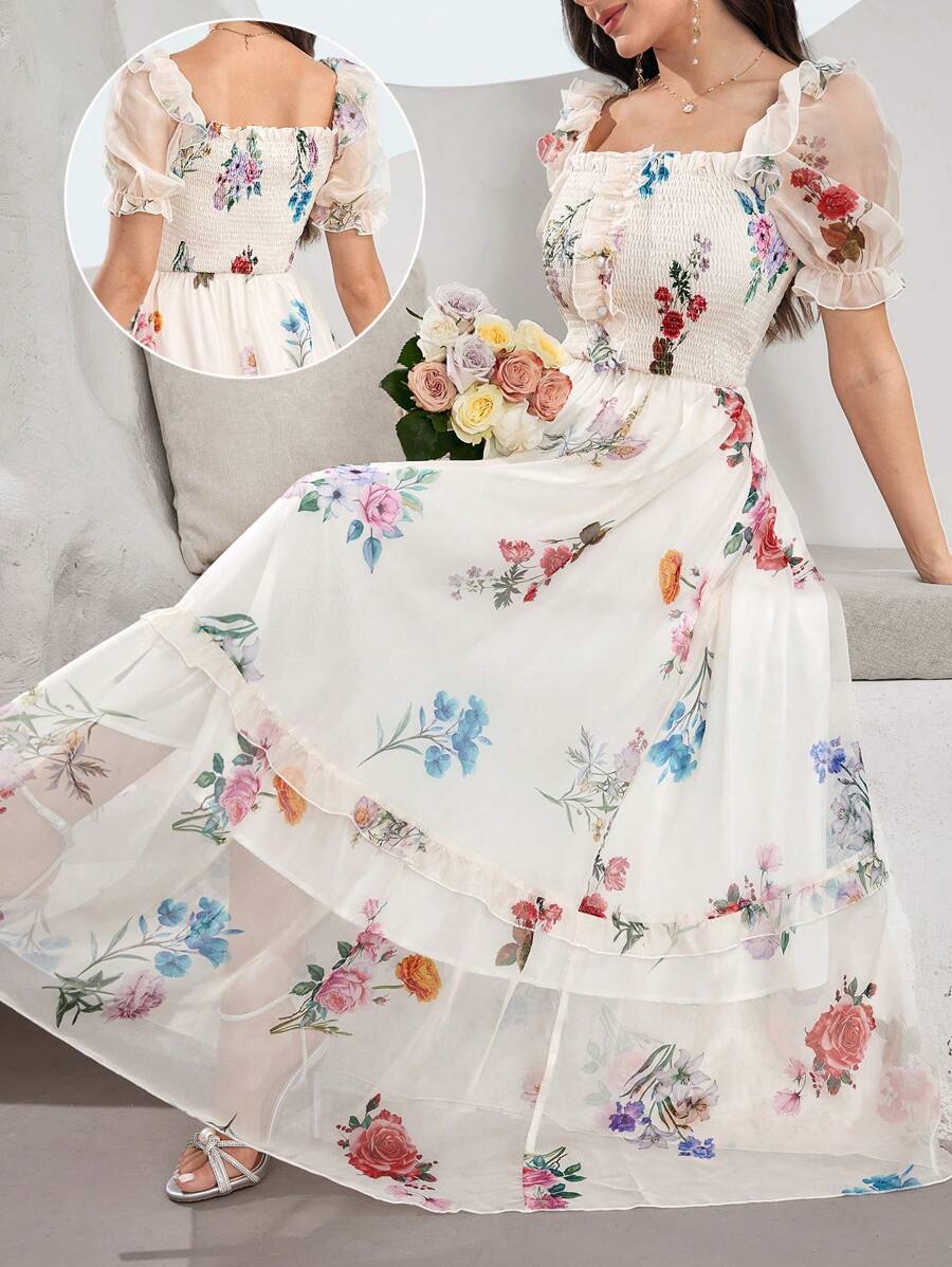 Modelyn Vestido largo con volantes en el bajo, impresión digital para mujeres