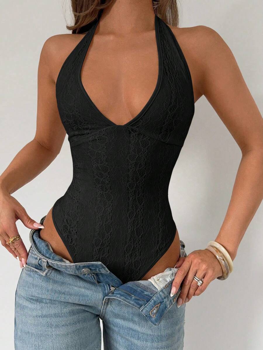 Chiquease Slim Fit Sexy Lace Halter Neck Black Bodysuit
