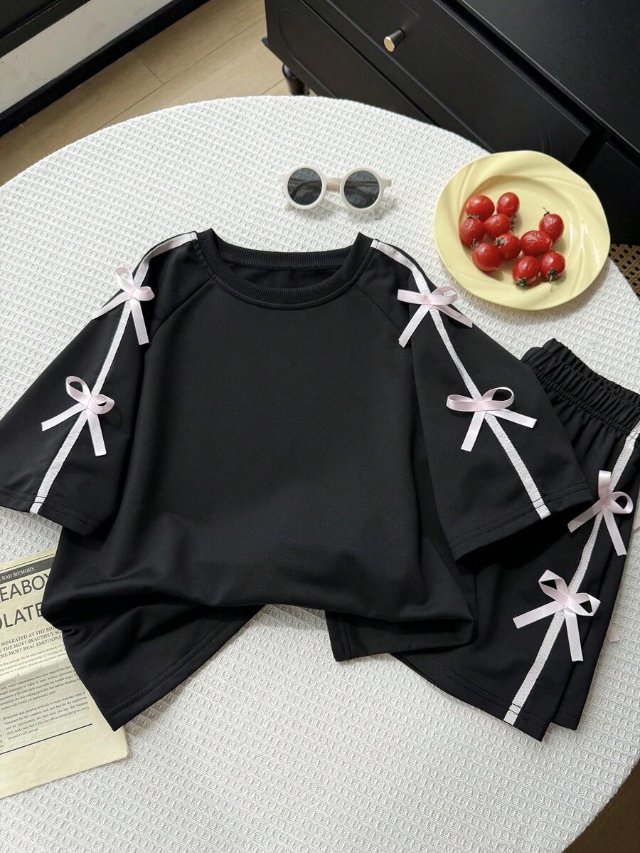2pcs/Set Girls Casual All-Match Daily Sports Style Fashion Co-Ord Set: Loose Knit T-Shirt With 3D Bow Trim + Shorts