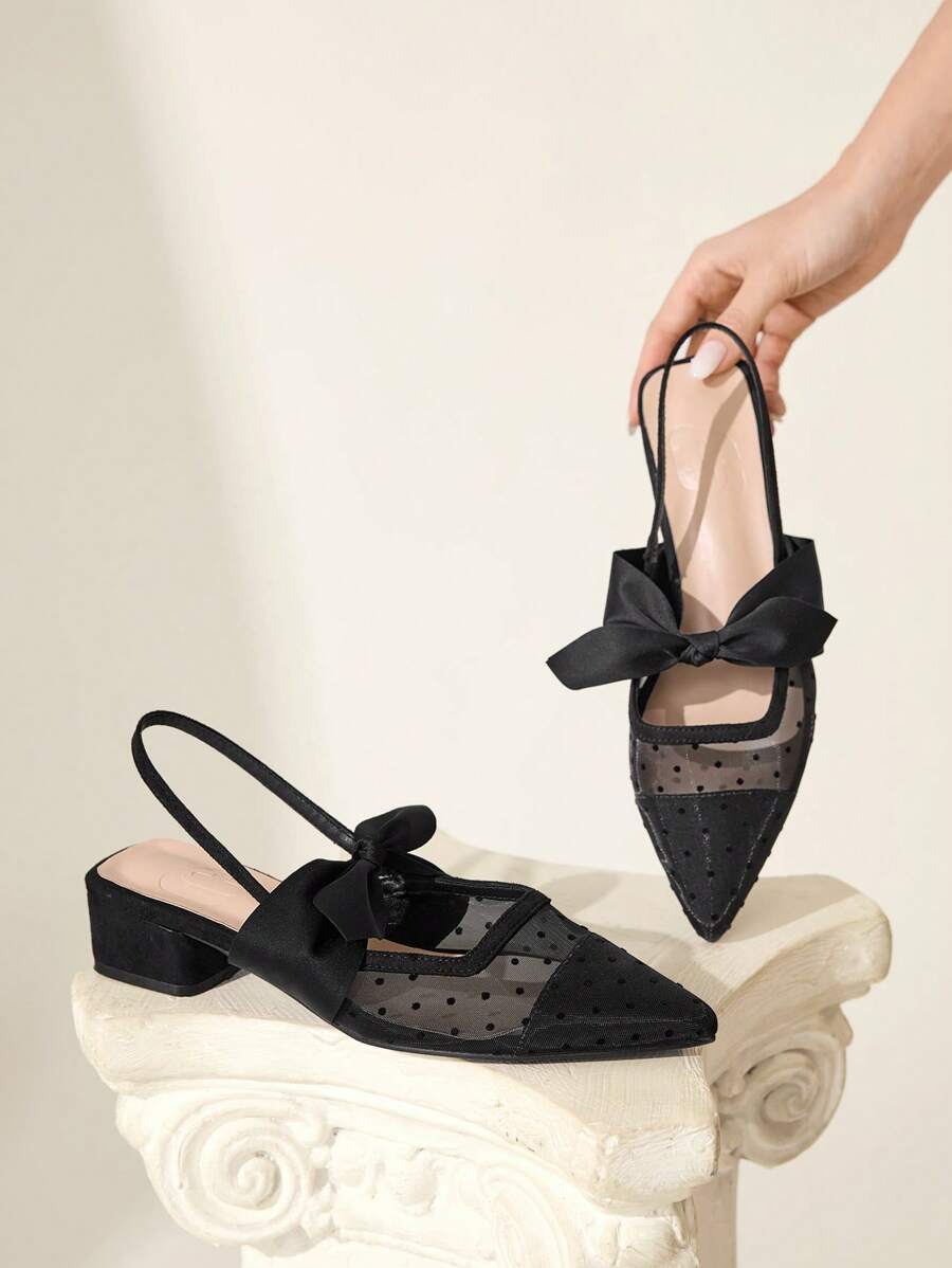 CUCCOO CHICEST Black Polka Dot Mesh Bow Design Flats, Sexy Elegant Lady Style Breathable Low Heel Backless Slip On Shoes