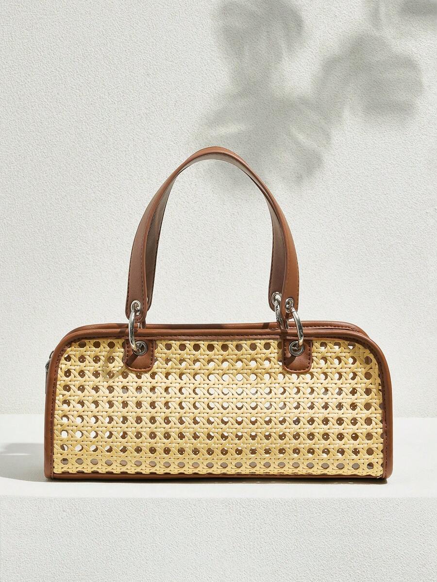 SHECARRY Women Fashion Elegant Minimalist Versatile Woven Cutout Patchwork PU Handbag, Suitable For Summer, Vacation, Dating, Commuting, Gathering