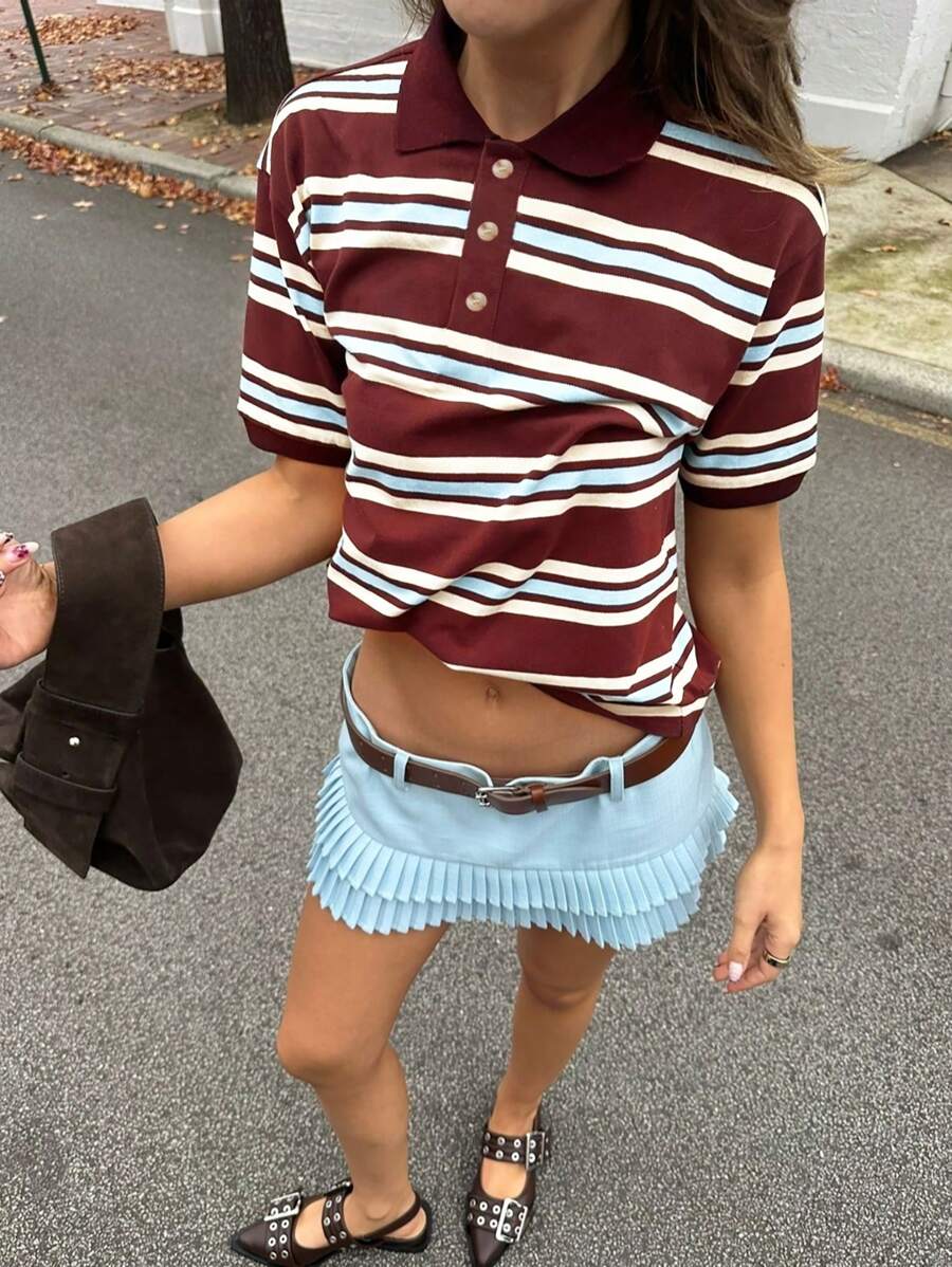 Chiquease Nueva blusa de polo de punto para mujer de primavera/verano, con estampado de rayas, parches y colores contrastantes, de estilo casual, holgada, versátil y elegante, minimalista