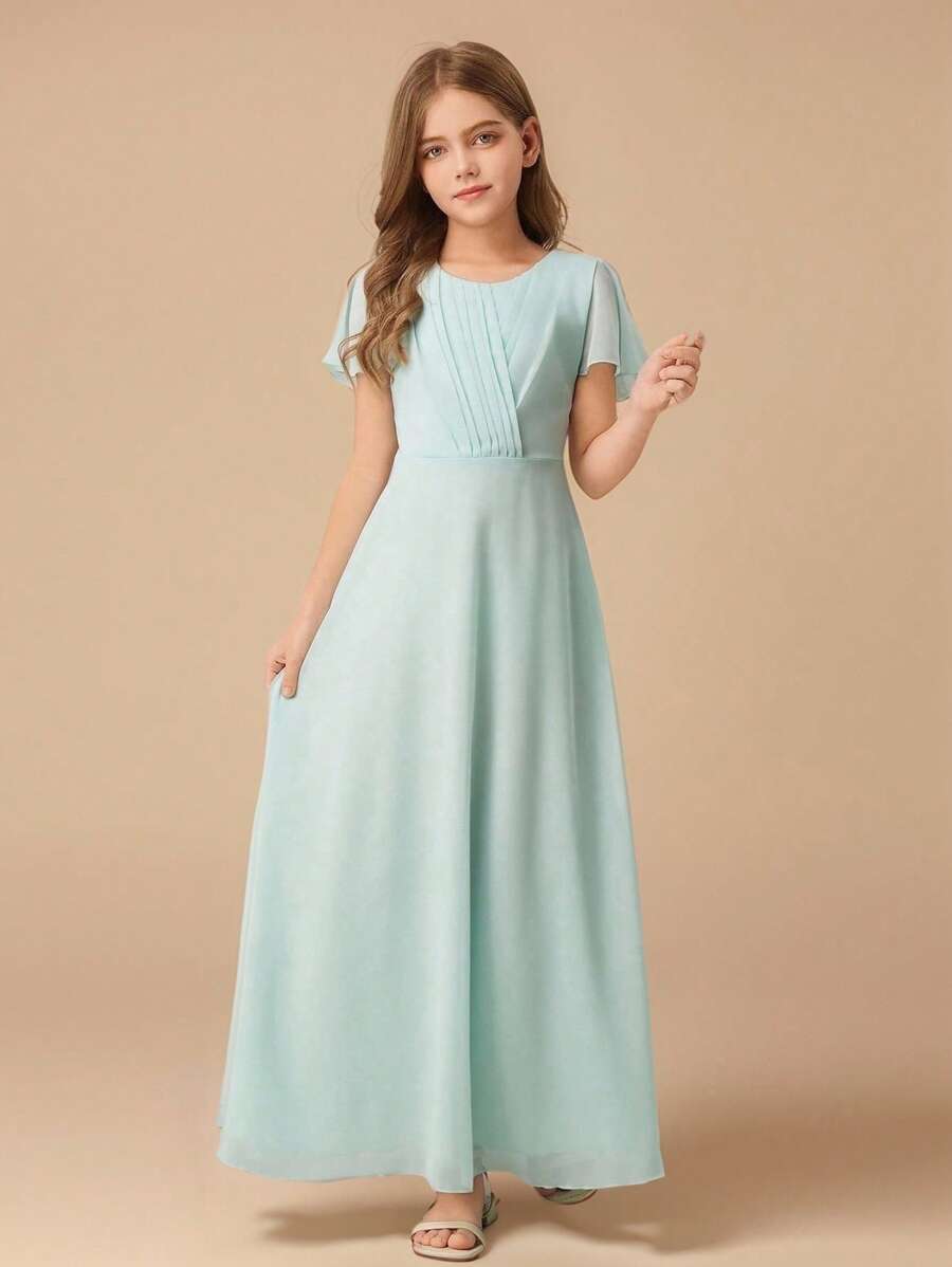 Vestido largo de gasa con mangas con volantes para niña preadolescente dama de honor, para boda, ceremonia, fiesta de cumpleaños
