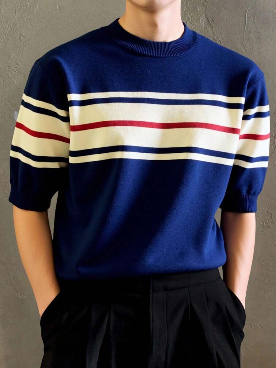 Manfinity Hypemode Parte superior de punto casual holgada de manga corta y cuello redondo a rayas para hombre