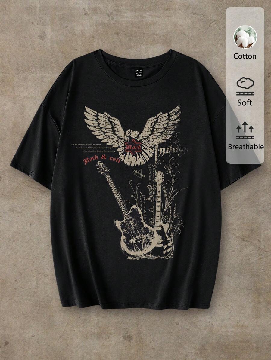 SHEIN EZwear Oversized Music Festival Guitar & Eagle Graphic Round Neck Short Sleeve Loose T-Shirt, Cotton Blend, Summer