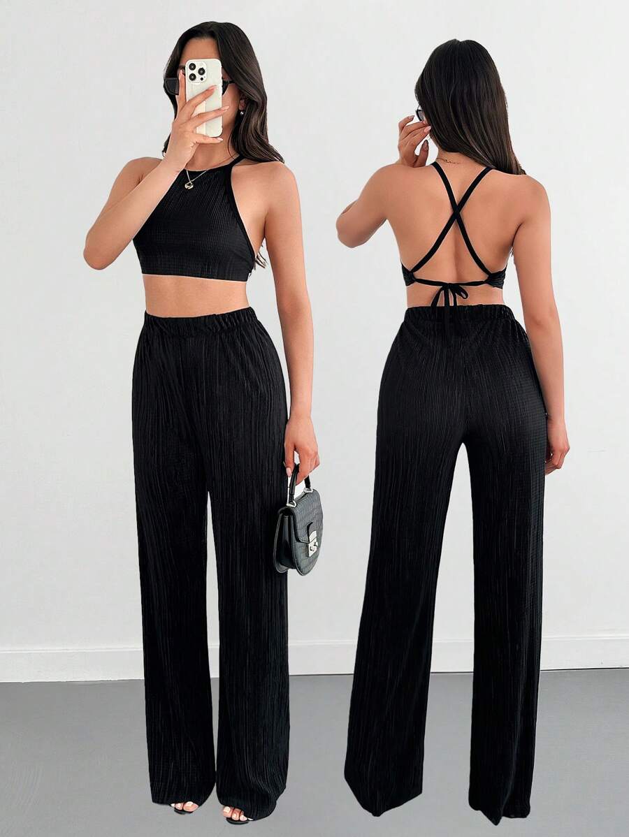 SHEIN Tall Ensemble coordonné de lounge froissé chic pour fille avec un top court à col montant et un pantalon ample. Ensemble deux-pièces en tissu pour femmes avec un Top et un pantalon à jambe large. Décontracté, élégant, pour un rendez-vous, un week-end de luxe