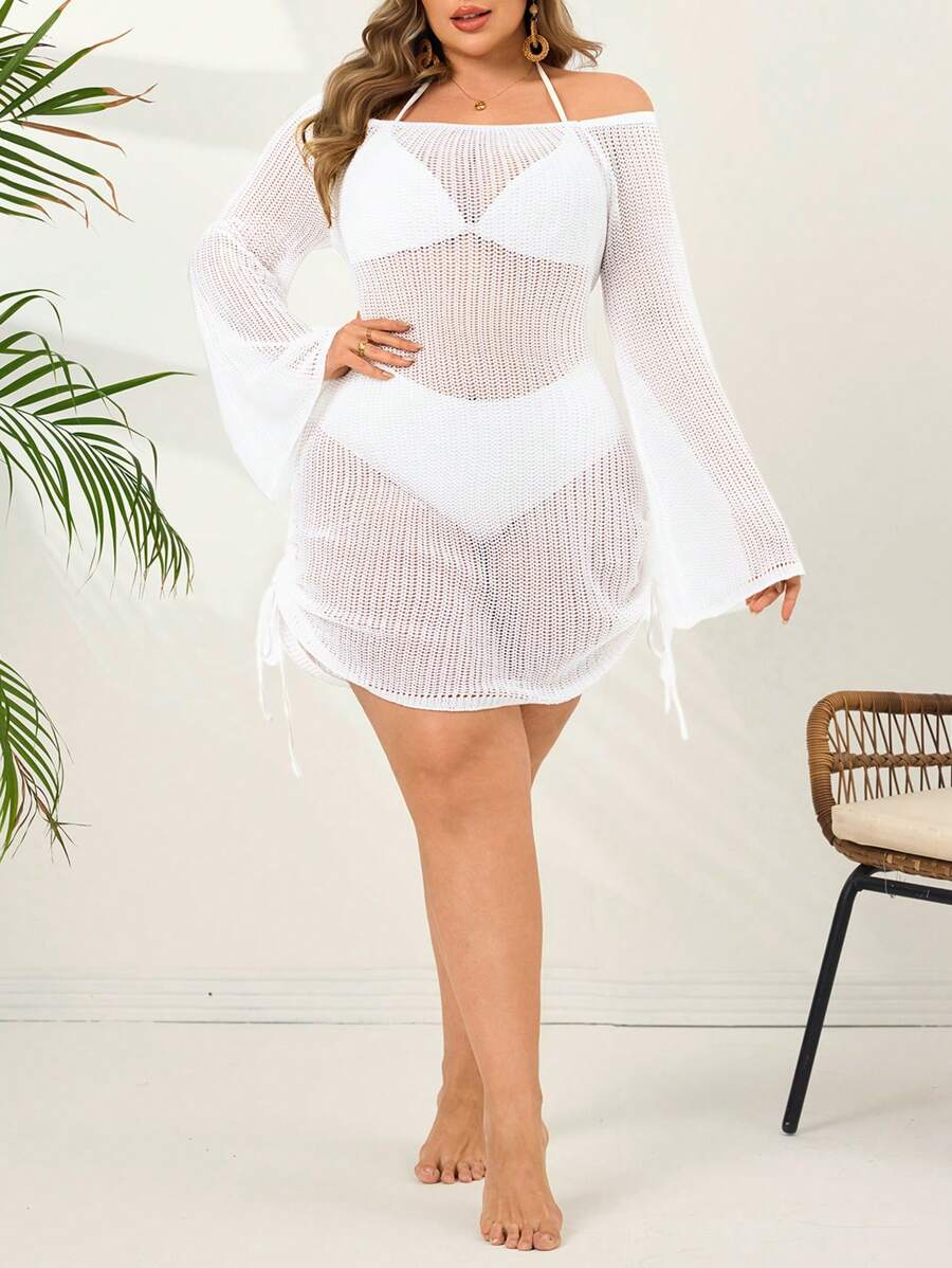 SHEIN Swim Plus Size Women Knitted White Off Shoulder Side Drawstring Vacation Beach Cover Up