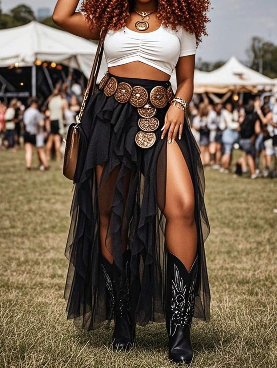 Slaydiva 2025 Spring/Summer Elastic Waist Boho Black Sheer Skirt - Suitable For Music Festivals, Easter, Western, Nomadic, Boho, Nashville, Birthday Parties, Graduation, Students, Everyday Wear, Casual, Vacation, Cruise, Beach, Sunbathing, Casual Vacation, Beach
