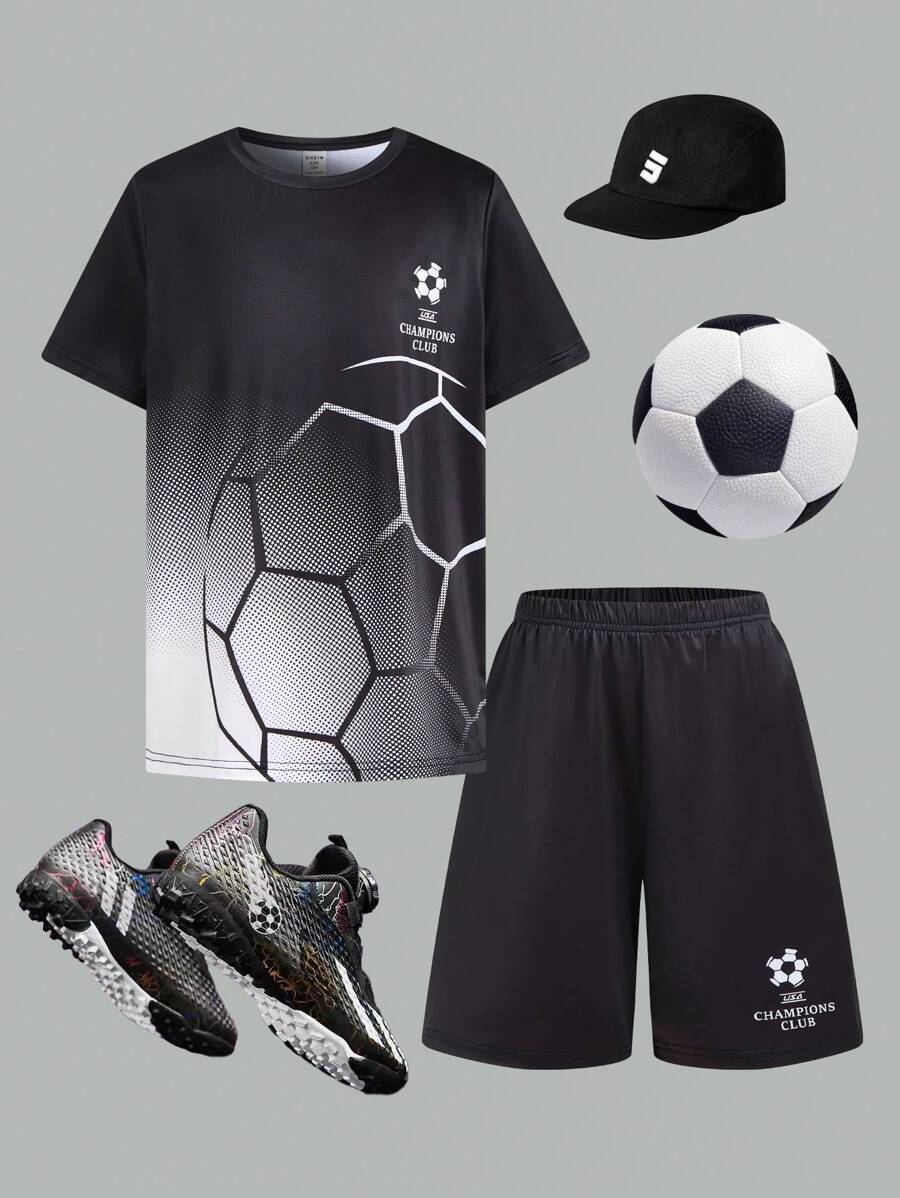 SHEIN Tween Jungen Sport Set mit 2 Teilen: Kurzarm T-Shirt mit Fußball Grafik und Shorts